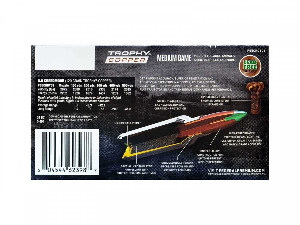 6,5 Creedmoor Federal Premium Trophy Copper 120gr/7,78g SP (P65CRDTC1)