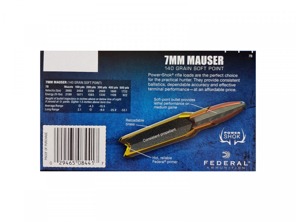 7 x 57 (7mm Mauser) Federal Power-Shok 140gr/9.07g SP RN (7B)