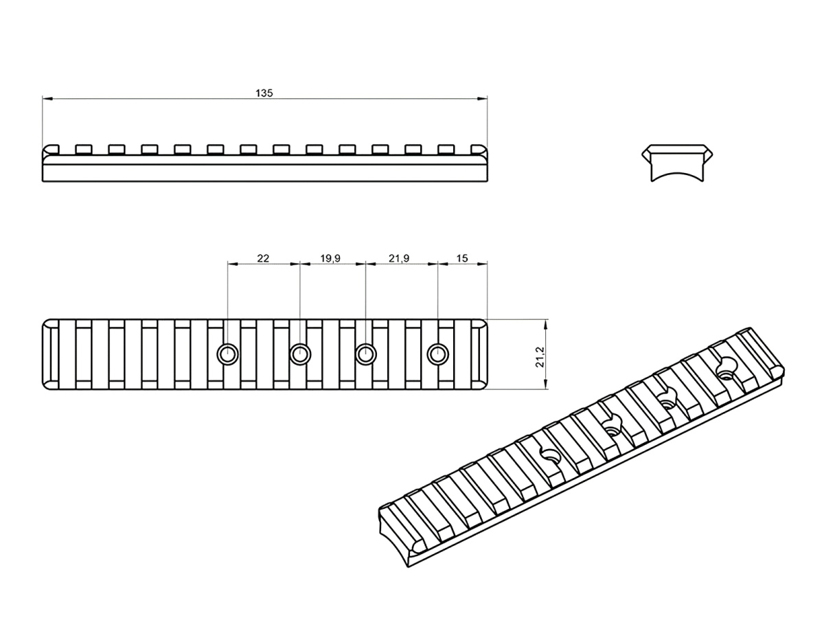 Picatinny lišta JKN Bergara B-13, dĺžka 135mm, plná