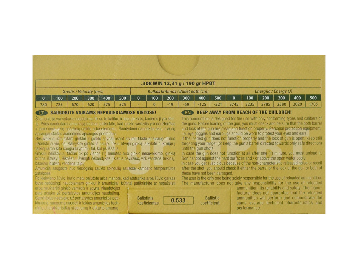 GGG .308Win. 190gr/12,31g HPBT Sierra MatchKing (GPX17)