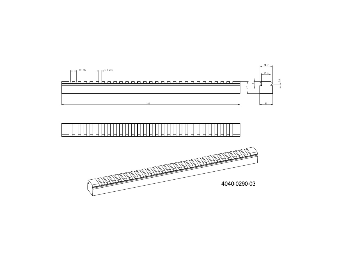 Picatinny lišta POLOTOVAR 300 mm, základňa 22 mm